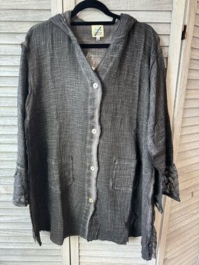 NEW Elysia Weekend Hooded Button-Up Duster distressed gauze - Charcoal Gray